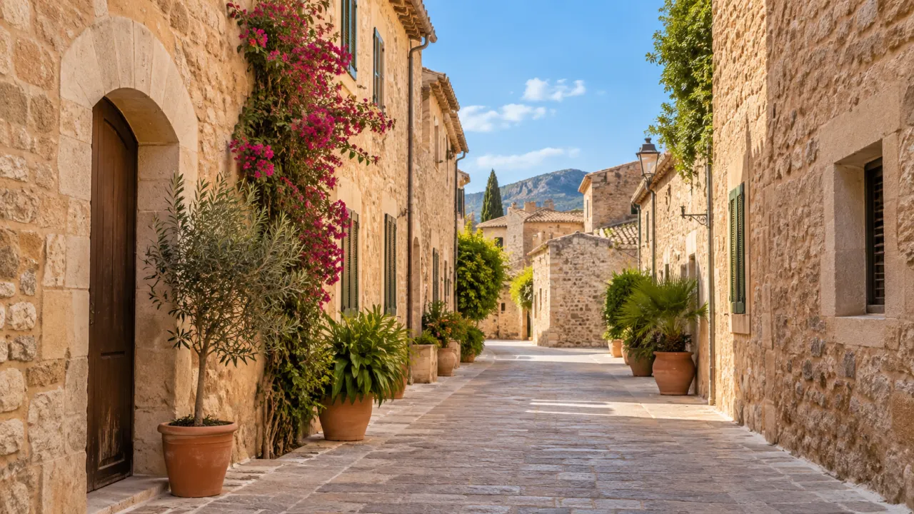 KI-Illustration einer Natursteingasse in einer mallorquinischen Altstadt