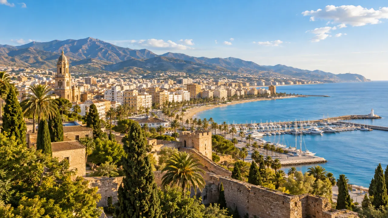 KI-Illustration einer andalusischen Mittelmeerküste mit Stadt und Bergland als Costa-del-Sol-Motiv
