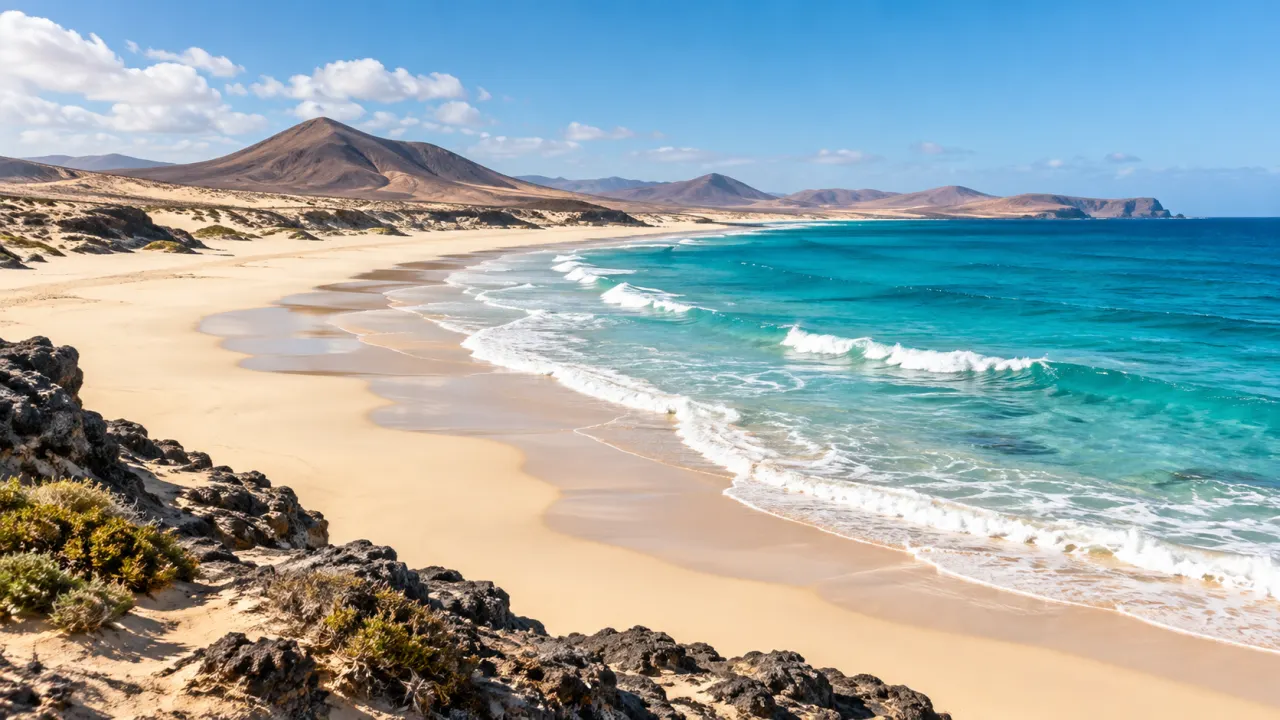 KI-Illustration eines weiten Atlantikstrands und trockener Hügel auf Fuerteventura