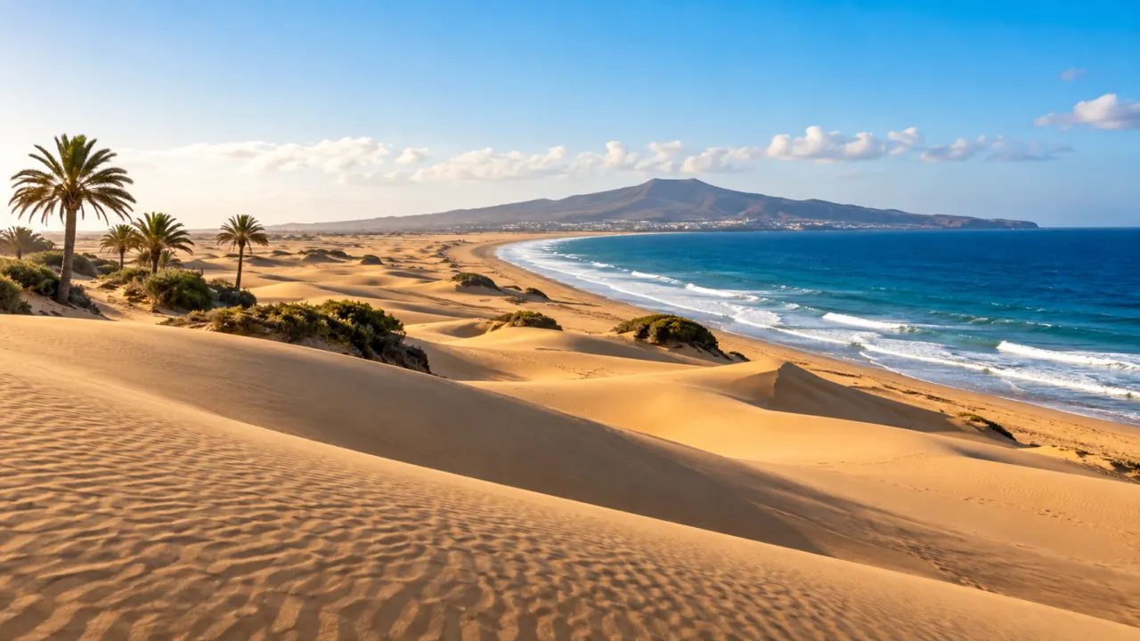 KI-Illustration von Dünen, Atlantik und Inselbergland als Gran-Canaria-Motiv
