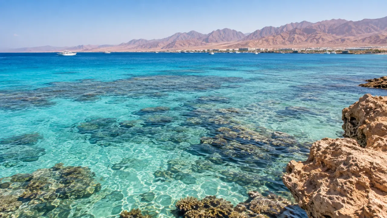 KI-Illustration klaren Rotmeerwassers vor Wüstenbergen als Hurghada-Motiv
