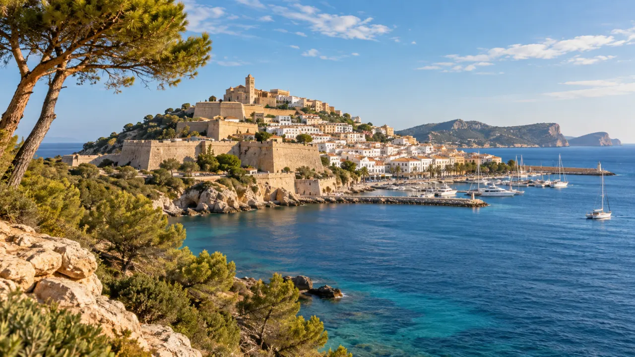 KI-Illustration einer historischen mediterranen Hafenstadt als Ibiza-Motiv