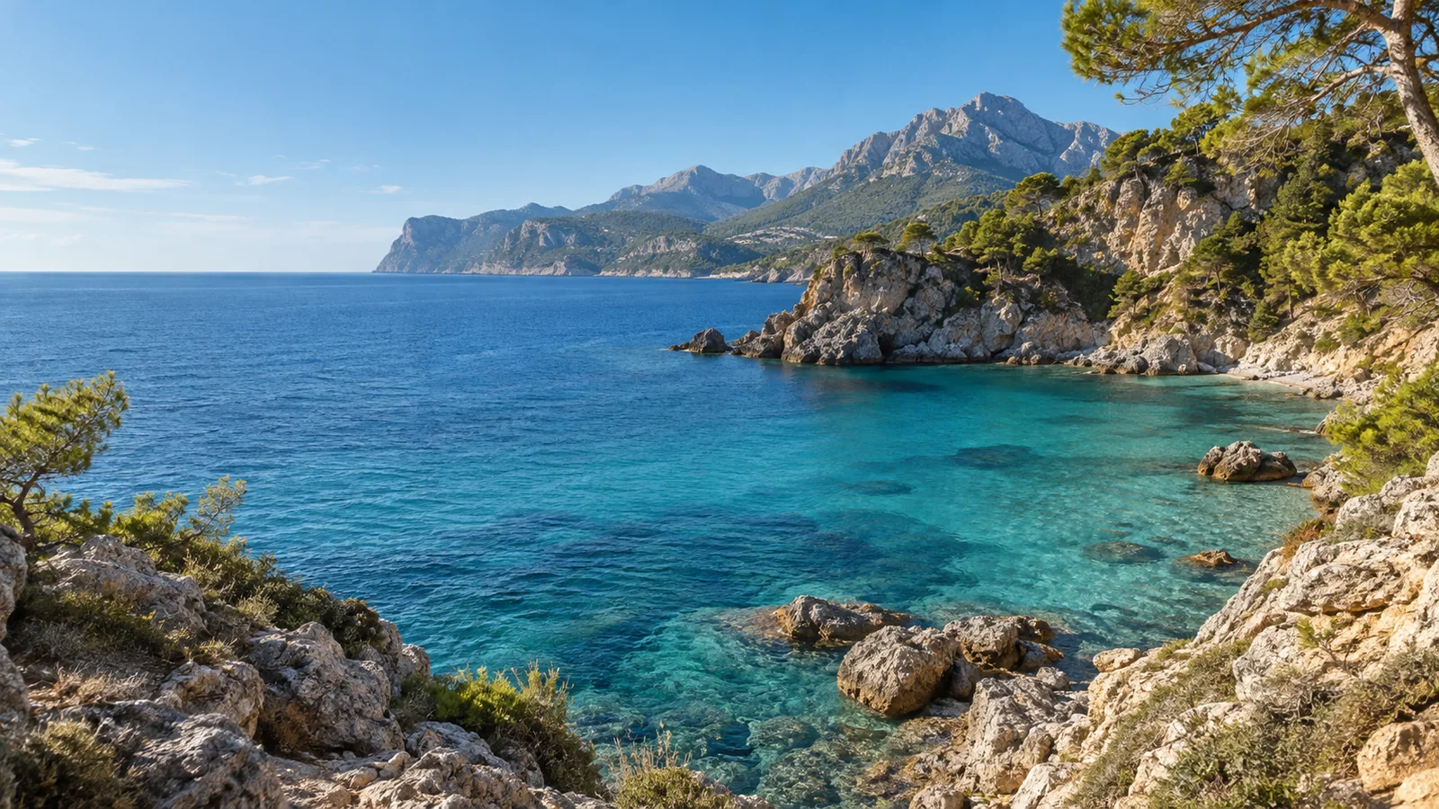 Illustration einer Bucht an einer mediterranen Inselküste