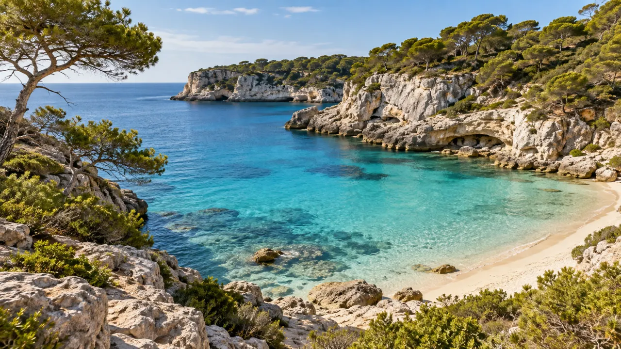 KI-Illustration einer von Kalkfelsen und Pinien gerahmten Bucht auf Menorca