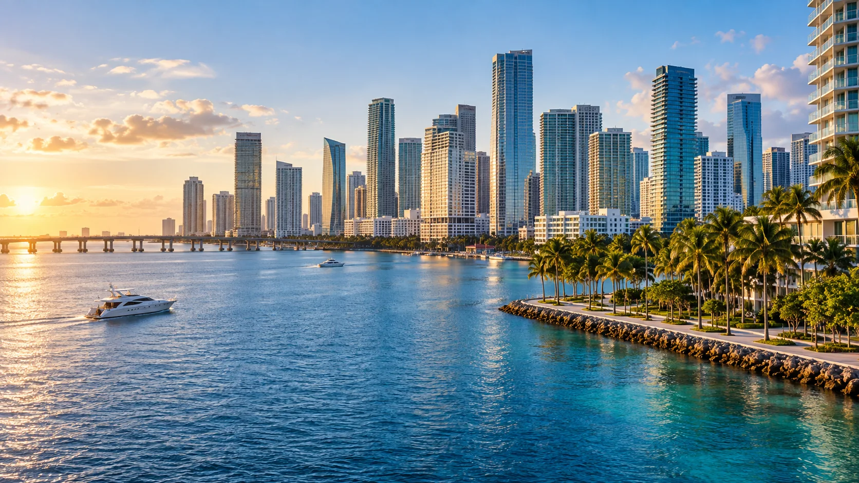 KI-Illustration einer Skyline an der Biscayne Bay mit Wasser und Palmen als Miami-Motiv