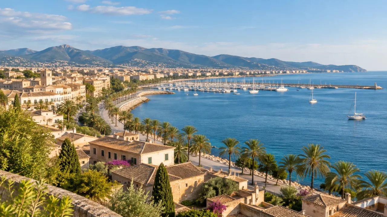 KI-Illustration einer mediterranen Stadtbucht mit Hafen und Bergen