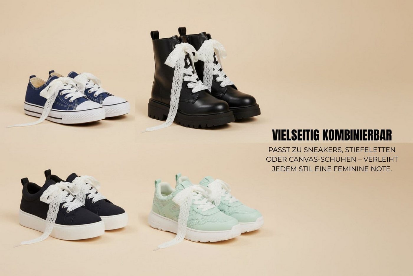 15/30 by Ringelspitz Schnürsenkel Weiße Spitzen-Schnürsenkel - verleihe Deinen Sneakern Eleganz & St, Flache Form – ideal für Sneaker, Turnschuhe & Freizeitschu – Bild 5 von 5