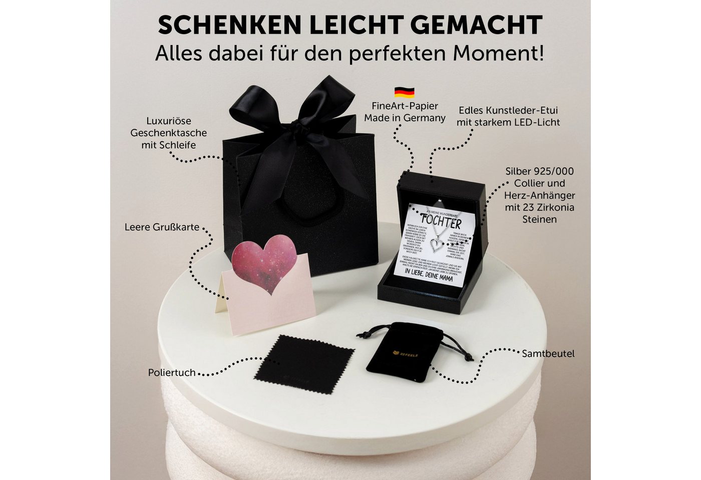 22Feels Schmuckset Wunderbare Tochter Geschenk v. Mama Mädchen Frauen Schmuck Halskette (Geschenkset), Silber 925/000, Geschenkset Made In Germany, Premium Lich – Bild 2 von 5
