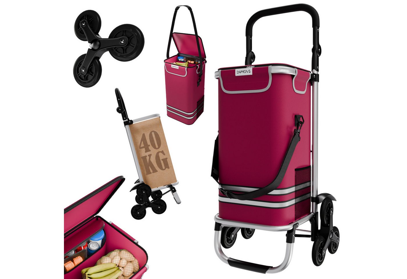 24Move Einkaufstrolley Einkaufswagen mit 55L, 3in1 Sackkarre und Tasche, klappbar, 55 l, Sternrad, Handwagen inkl. Kühlfach – Bild 2 von 5
