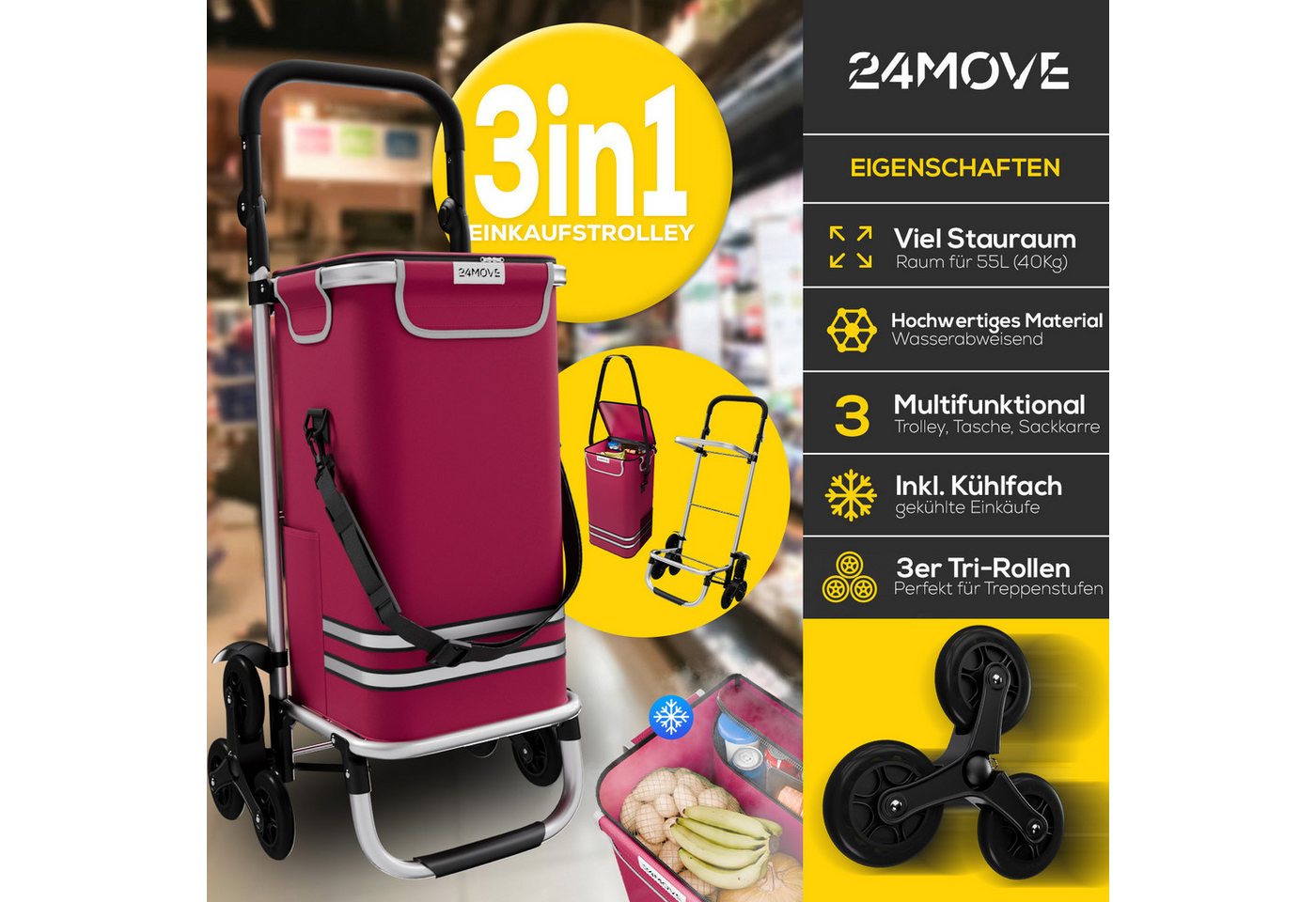 24Move Einkaufstrolley Einkaufswagen mit 55L, 3in1 Sackkarre und Tasche, klappbar, 55 l, Sternrad, Handwagen inkl. Kühlfach – Bild 3 von 5