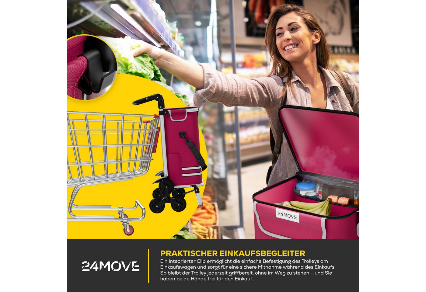 24Move Einkaufstrolley Einkaufswagen mit 55L, 3in1 Sackkarre und Tasche, klappbar, 55 l, Sternrad, Handwagen inkl. Kühlfach – Bild 4 von 5