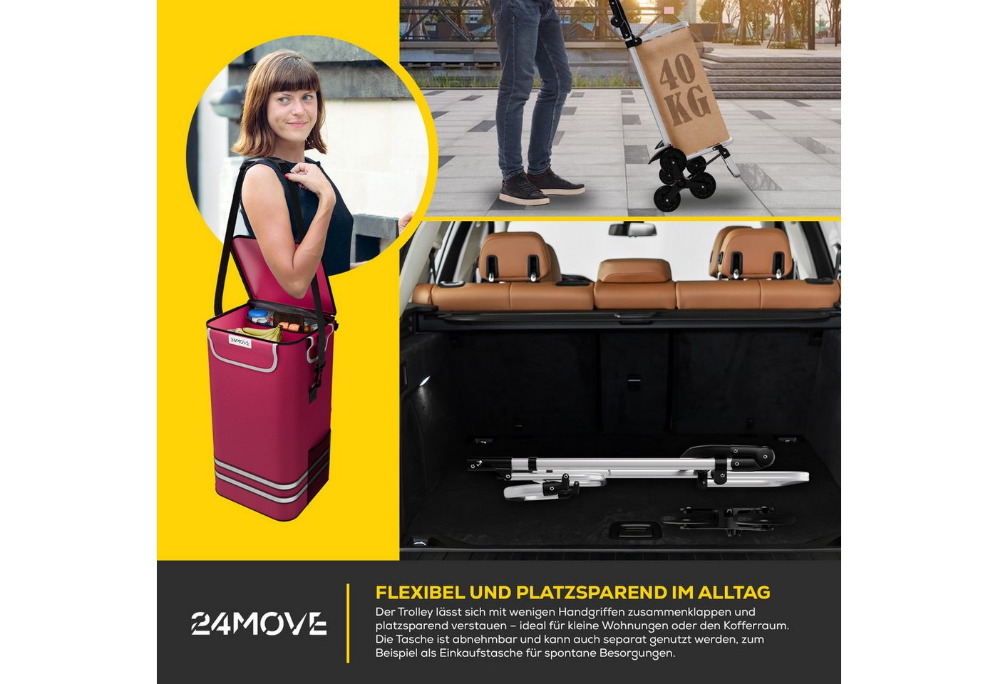 24Move Einkaufstrolley Einkaufswagen mit 55L, 3in1 Sackkarre und Tasche, klappbar, 55 l, Sternrad, Handwagen inkl. Kühlfach – Bild 5 von 5