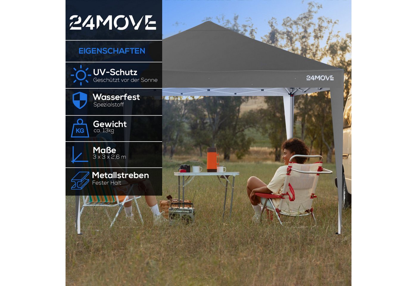 24Move Eckdusche Faltpavillon Gartenzelt, Partyzelt SANTOS mit 4 Säulen, wasserdicht, UV-Schutz, inkl. Tasche, 8 Heringe – Bild 3 von 5