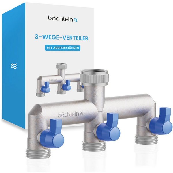 Bächlein 3-Wege Verteiler Bächlein Y-Verteiler mit Absperrhähnen - G 3/4" Wasserverteiler, deal für Gartenschlauch, Waschmaschine, Wassertank und mehr