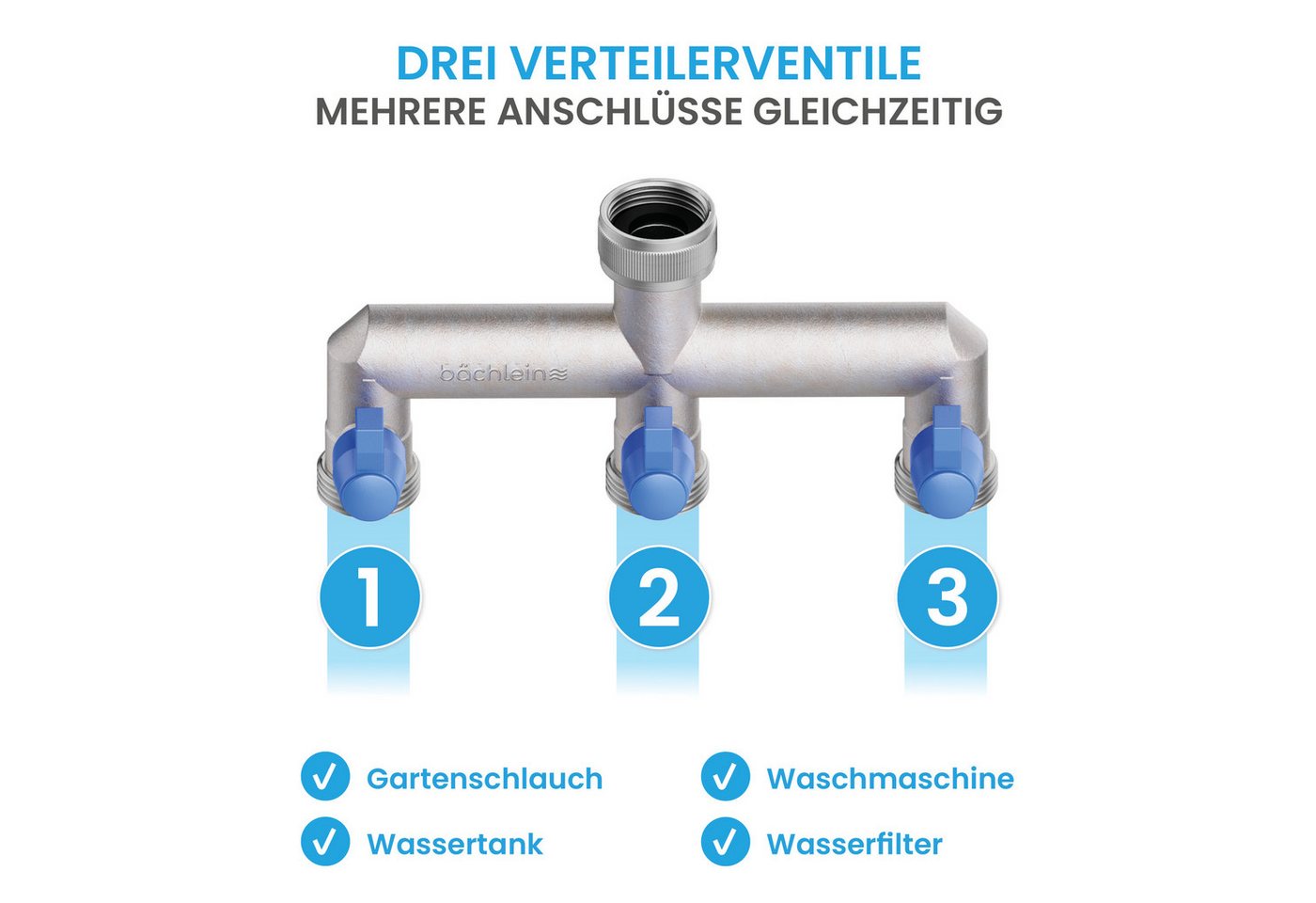 Bächlein 3-Wege Verteiler Bächlein Y-Verteiler mit Absperrhähnen - G 3/4" Wasserverteiler, deal für Gartenschlauch, Waschmaschine, Wassertank und mehr – Bild 3 von 5