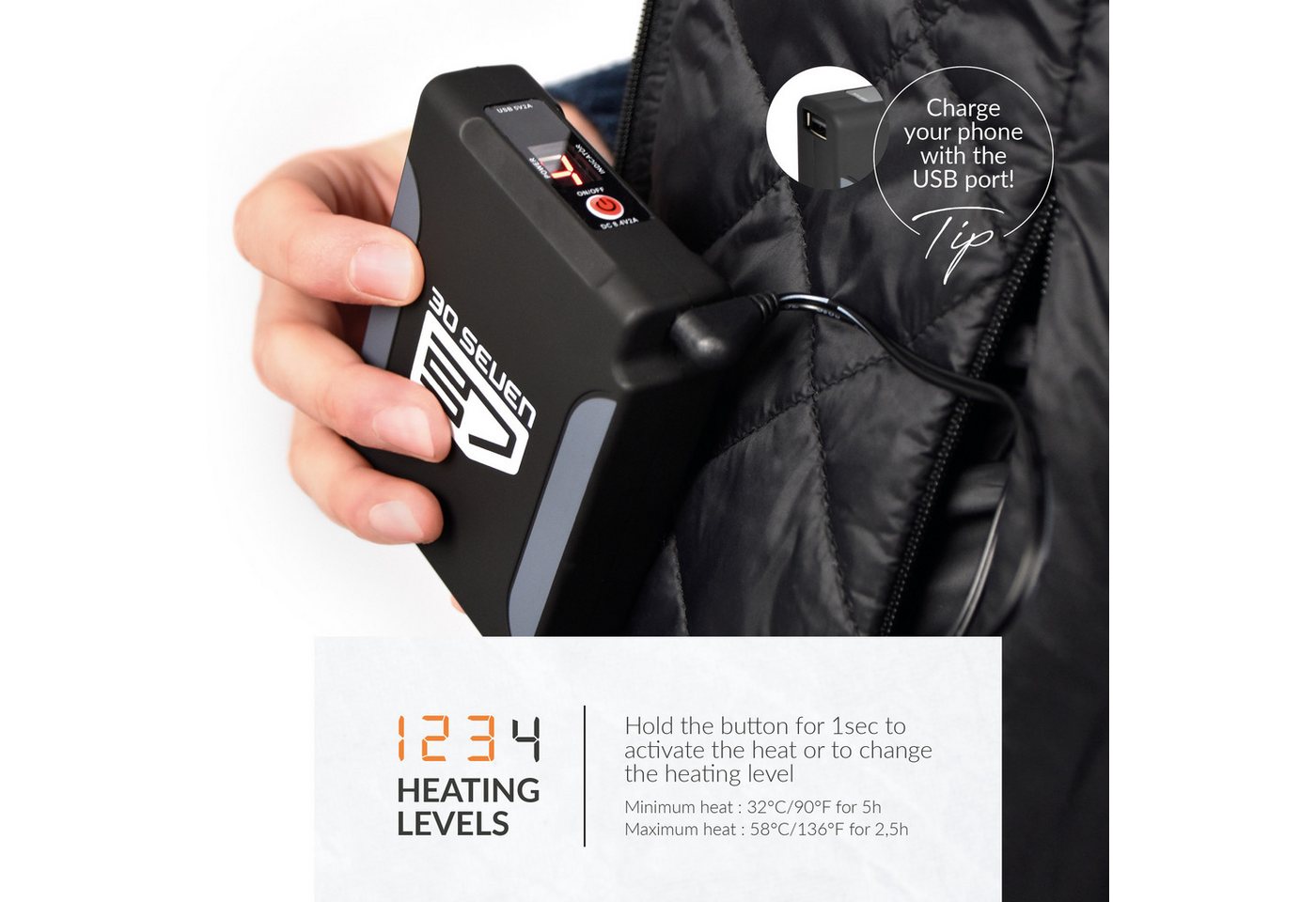 30seven Steppweste beheizte Weste Slim Fit - Taupe 7,4V Set inkl. Powerbank & Ladegerät – Bild 5 von 5