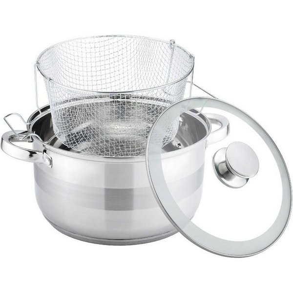 4BIG.fun Kochtopf Frittiertopf 6,5 L Edelstahl Induktion Pommestopf, Gusseisen (mit Nudelsieb und Glasdeckel)