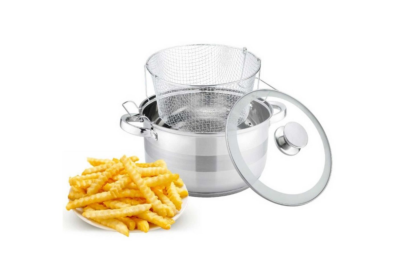 4BIG.fun Kochtopf Frittiertopf 6,5 L Edelstahl Induktion Pommestopf, Gusseisen (mit Nudelsieb und Glasdeckel) – Bild 5 von 5