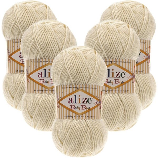 Alize 5 x ALIZE Baby Best 1 Cream Häkelwolle, 240 m, Babywolle,Viskose,Anti-Pilling,Babygarn
