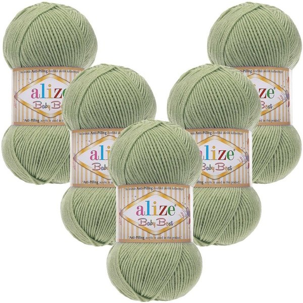 Alize 5 x ALIZE Baby Best 138 Olive Häkelwolle, 240 m, Babywolle,Viskose,Anti-Pilling,Babygarn