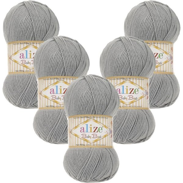 Alize 5 x ALIZE Baby Best 344 Grey Häkelwolle, 240 m, Babywolle,Viskose,Anti-Pilling,Babygarn