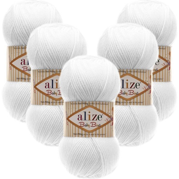 Alize 5 x ALIZE Baby Best 55 White Häkelwolle, 240 m, Babywolle,Viskose,Anti-Pilling,Babygarn