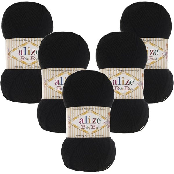 Alize 5 x ALIZE Baby Best 60 Black Häkelwolle, 240 m, Babywolle,Viskose,Anti-Pilling,Babygarn