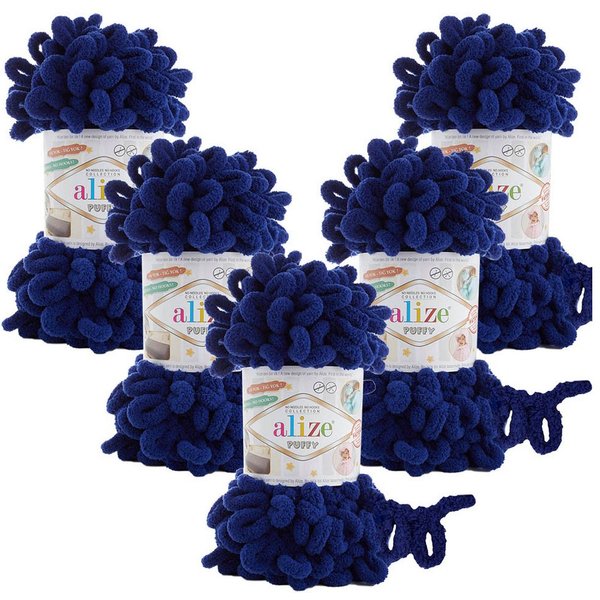 Alize 5 x ALIZE Puffy 360 Royal Blue Häkelwolle, 9 m (Wolle), Babywolle Chenillegarn Handstrickgarn Fingerhäkeln Amigurumi