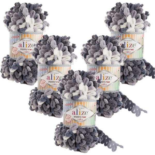 Alize 5 x ALIZE Puffy Fine Color Häkelwolle, 14,6 m (500 Meter), Deckengarn, Fingerstrick-Wolle,Chenillegarn, Kuschelweich, Babywolle