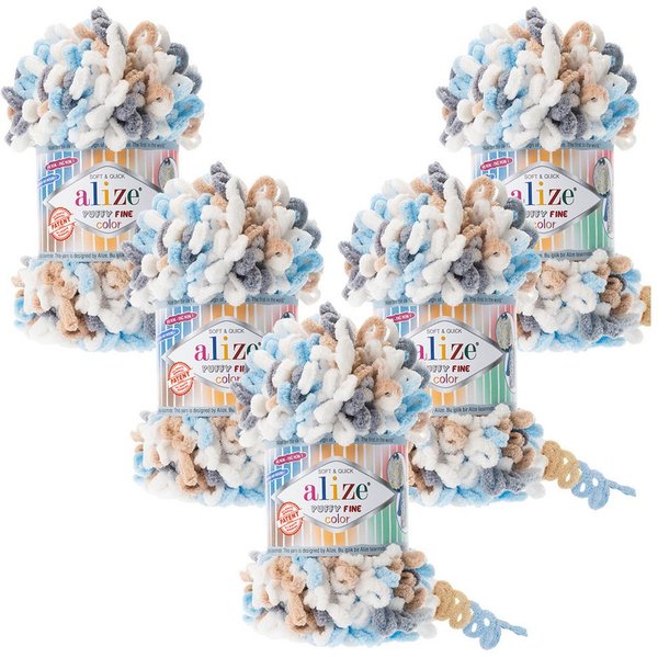 Alize 5 x ALIZE Puffy Fine Color Häkelwolle, 14,6 m (500 Meter), Deckengarn, Fingerstrick-Wolle,Chenillegarn, Kuschelweich, Babywolle
