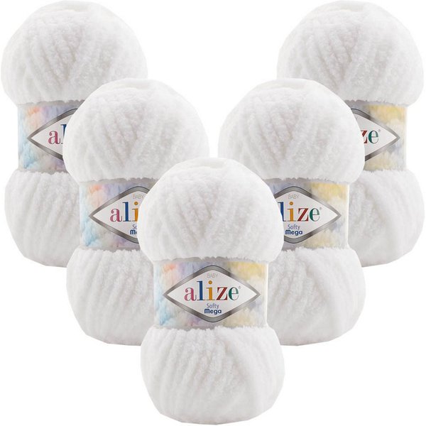 Alize 5 x ALIZE Softy Mega Häkelwolle, 70 m, Babywolle, flauschig,Plüsch,bulky,weiches Garn