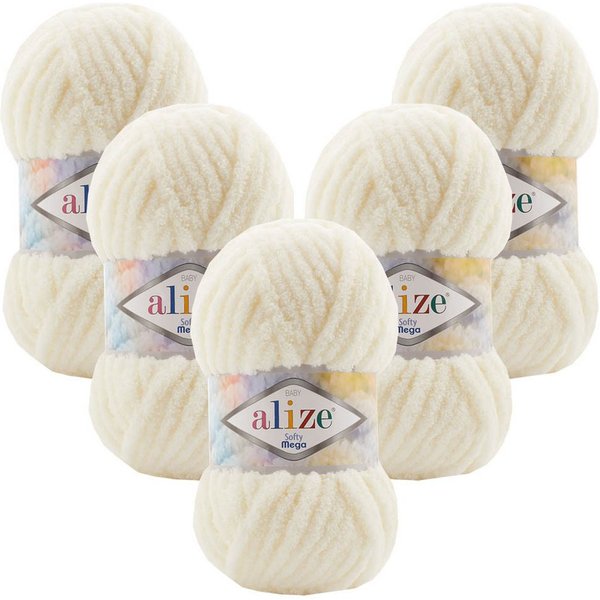 Alize 5 x ALIZE Softy Mega Häkelwolle, 70 m, Babywolle, flauschig,Plüsch,bulky,weiches Garn