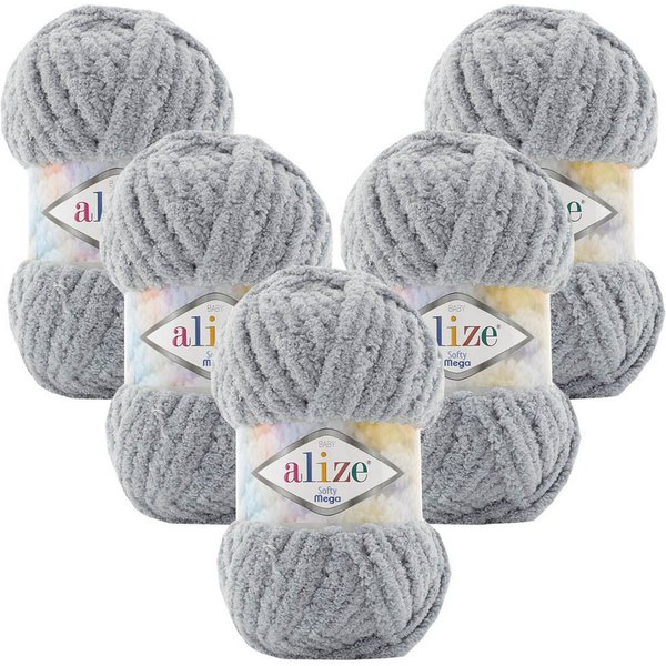 Alize 5 x ALIZE Softy Mega Häkelwolle, 70 m, Babywolle, flauschig,Plüsch,bulky,weiches Garn