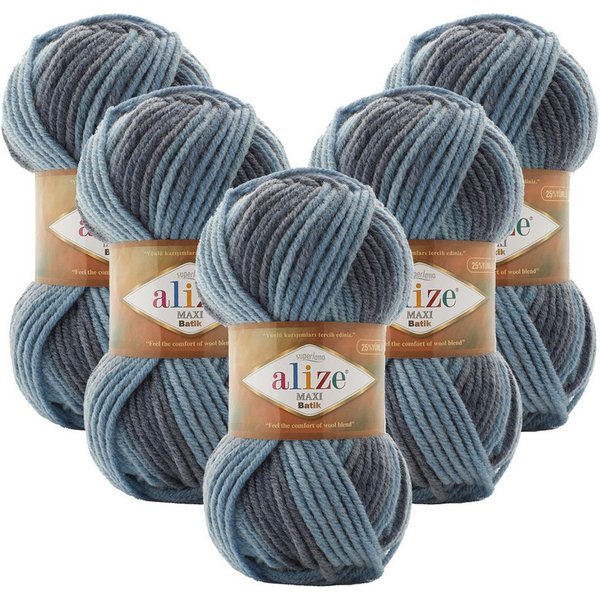Alize 5 x ALIZE SUPERLANA MAXI BATIK Häkelwolle, 100 m, Yarn,Handstrickgarn,mehrfarbig,Winterwolle, Häkelgarn