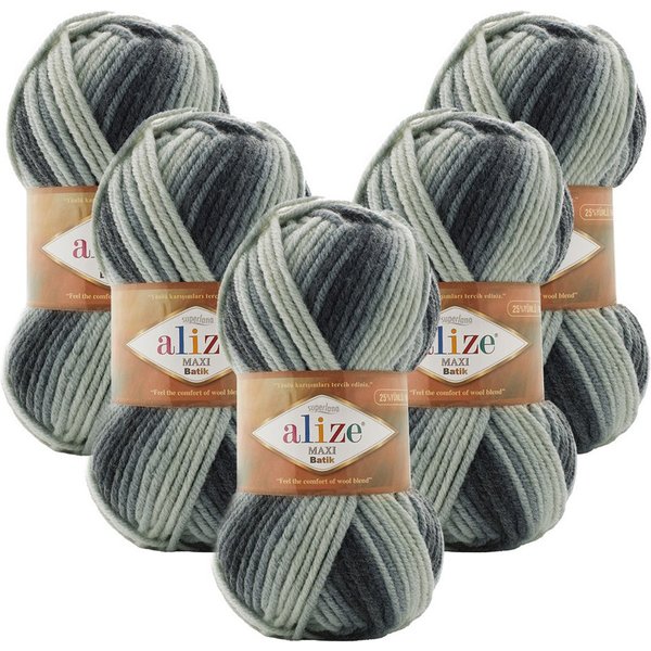 Alize 5 x ALIZE SUPERLANA MAXI BATIK Häkelwolle, 100 m, Yarn,Handstrickgarn,mehrfarbig,Winterwolle, Häkelgarn