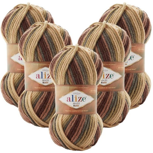 Alize 5 x ALIZE SUPERLANA MAXI BATIK Häkelwolle, 100 m, Yarn,Handstrickgarn,mehrfarbig,Winterwolle, Häkelgarn