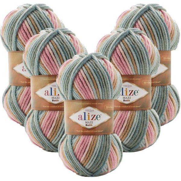 Alize 5 x ALIZE SUPERLANA MAXI BATIK Häkelwolle, 100 m, Yarn,Handstrickgarn,mehrfarbig,Winterwolle, Häkelgarn