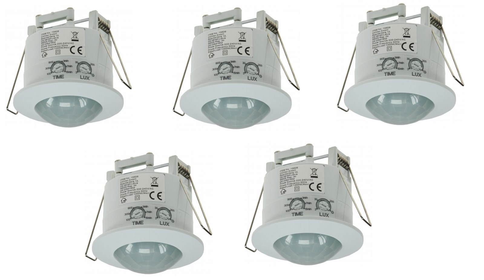 5 x Decken-Einbau-Bewegungsmelder 360°, 6m Detektion, LED geeignet, CT 19826