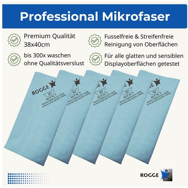 Rogge 5er Pack ROGGE Professional Microfasertücher, 38x40cm Bildschirmreinigungstuch (Set, Spar-Set, 5-tlg., 5x Microfasertücher 38x40cm, blau, Streifenfreie Re