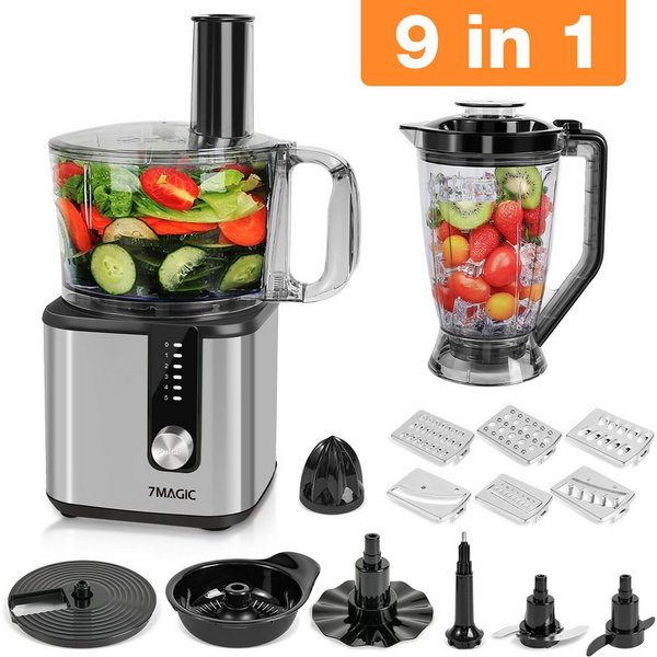7MAGIC Kompakt-Küchenmaschine Standmixer 9 in 1 Multifunktional Food Chopper, Food Processor, 750 W, inkl. Zerkleinerer, 1,8L mixerbecher und weiteres Schneidzu