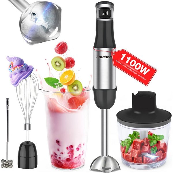 7MAGIC Stabmixer Elektrischer Stabmixer Set 5 in 1 Pürierstab Edelstahl Handmixer, 1100 W, Stabmixer Variable Geschwindigkeiten für Babynahrung, Suppe, Smoothie