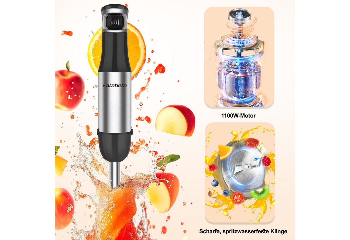 7MAGIC Stabmixer Elektrischer Stabmixer Set 5 in 1 Pürierstab Edelstahl Handmixer, 1100 W, Stabmixer Variable Geschwindigkeiten für Babynahrung, Suppe, Smoothie – Bild 2 von 5