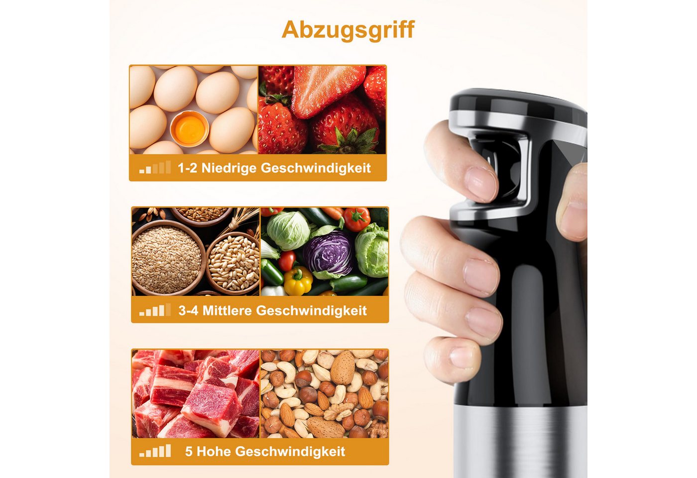 7MAGIC Stabmixer Elektrischer Stabmixer Set 5 in 1 Pürierstab Edelstahl Handmixer, 1100 W, Stabmixer Variable Geschwindigkeiten für Babynahrung, Suppe, Smoothie – Bild 3 von 5