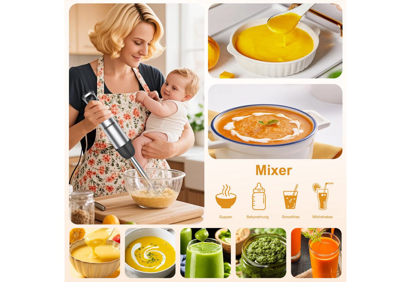 7MAGIC Stabmixer Elektrischer Stabmixer Set 5 in 1 Pürierstab Edelstahl Handmixer, 1100 W, Stabmixer Variable Geschwindigkeiten für Babynahrung, Suppe, Smoothie – Bild 4 von 5