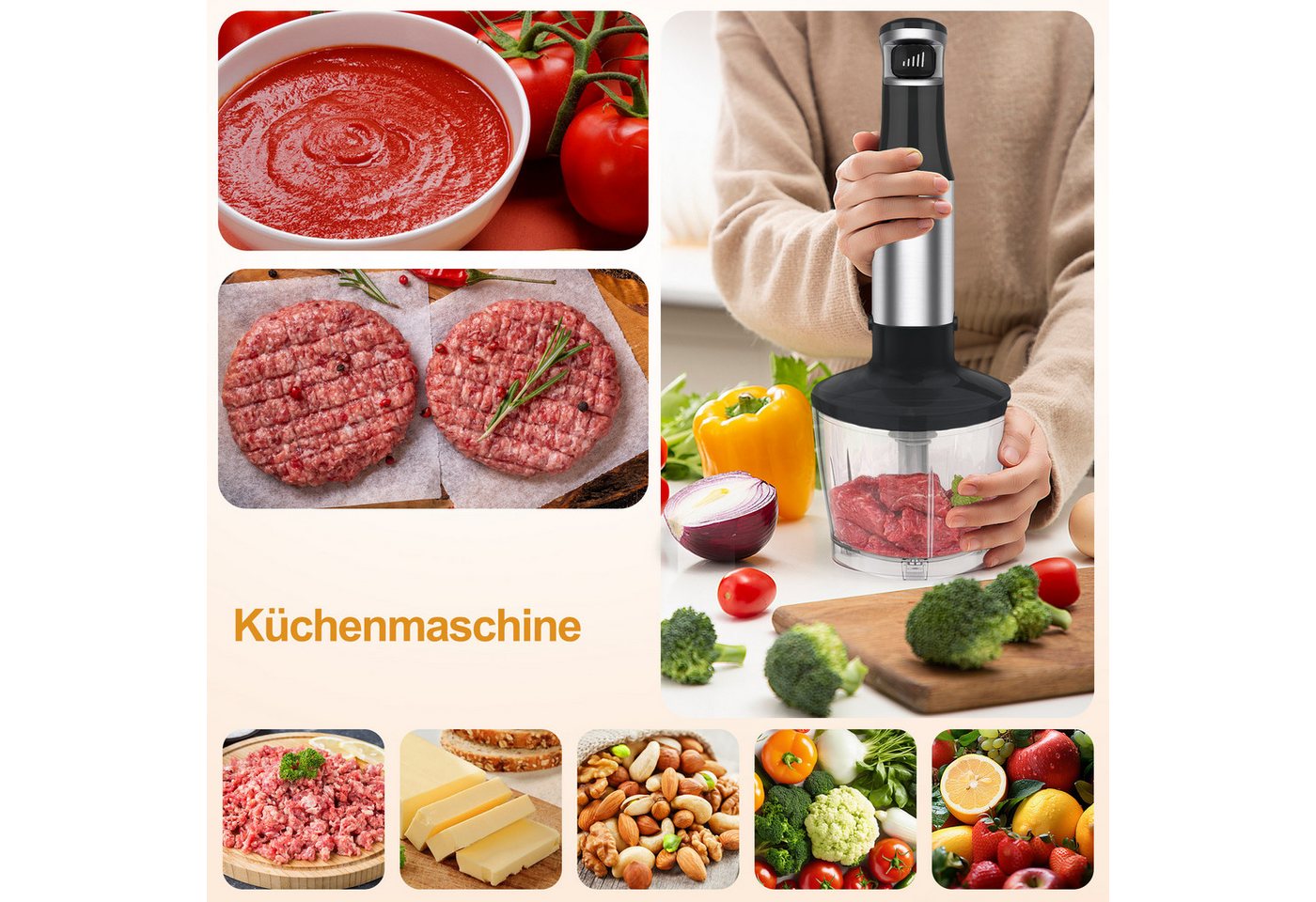7MAGIC Stabmixer Elektrischer Stabmixer Set 5 in 1 Pürierstab Edelstahl Handmixer, 1100 W, Stabmixer Variable Geschwindigkeiten für Babynahrung, Suppe, Smoothie – Bild 5 von 5