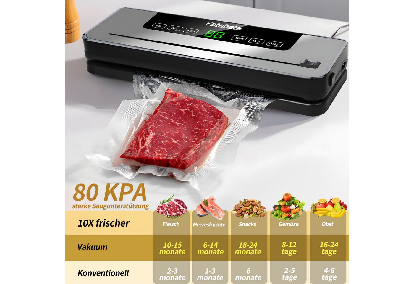7MAGIC Vakuumierer Vakuumiergerät, Lebensmittel bis zu 10x länger frisch, Automatisch, Rollenbreite 30 cm, 110W, Folienschweißgerät mit Eingebauter Cutter, 10x  – Bild 2 von 5