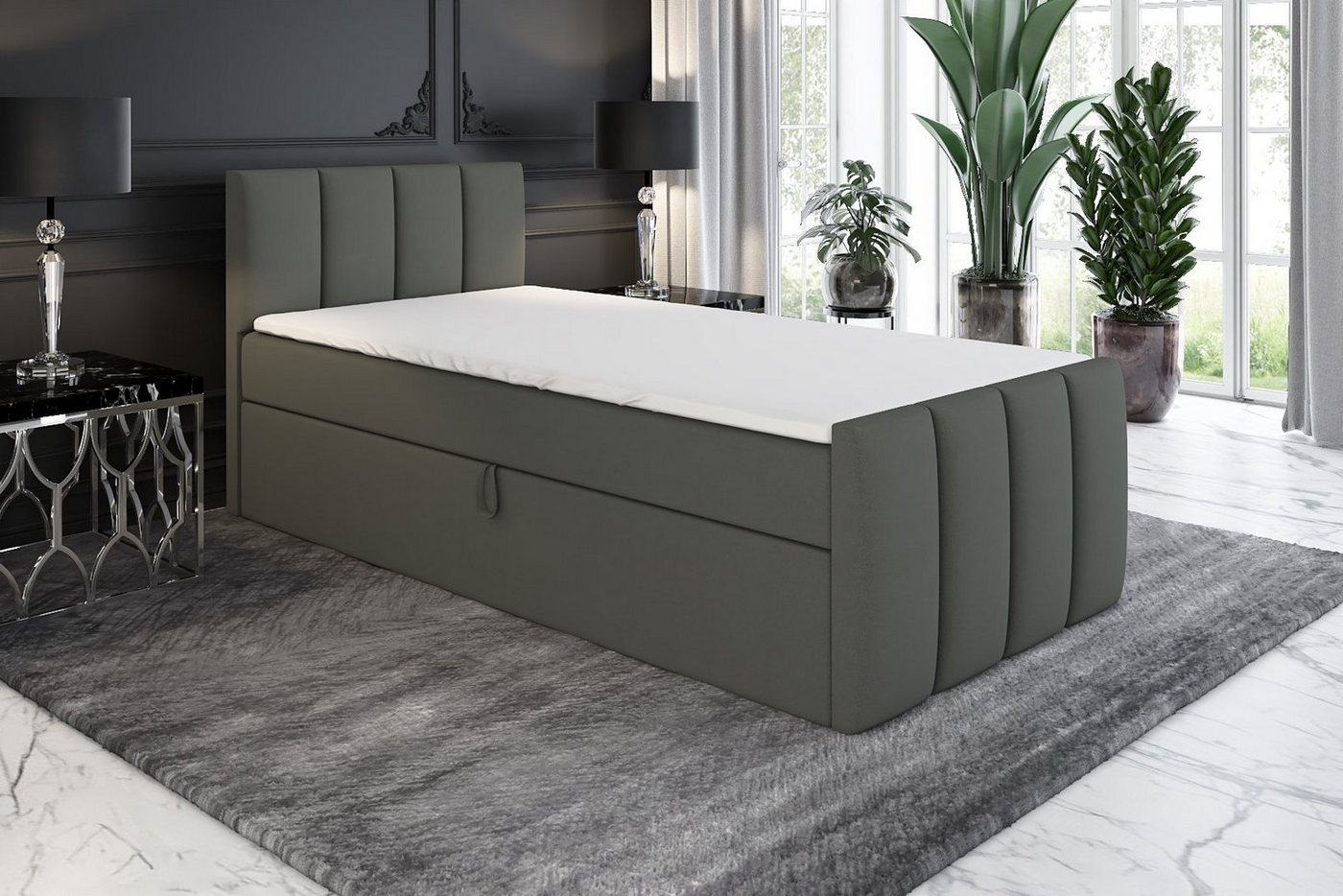 A&J MöbelLand GmbH Boxspringbett Einzelbett FUNI mit Bettkasten, Topper und gepolstertem Kopfteil. (Boxspringbett mit Bettkasten und gepolstertem Kopfteil. Incl – Bild 2 von 5