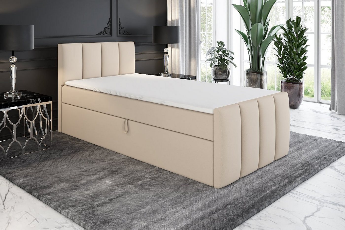 A&J MöbelLand GmbH Boxspringbett Einzelbett FUNI mit Bettkasten, Topper und gepolstertem Kopfteil. (Boxspringbett mit Bettkasten und gepolstertem Kopfteil. Incl – Bild 2 von 5