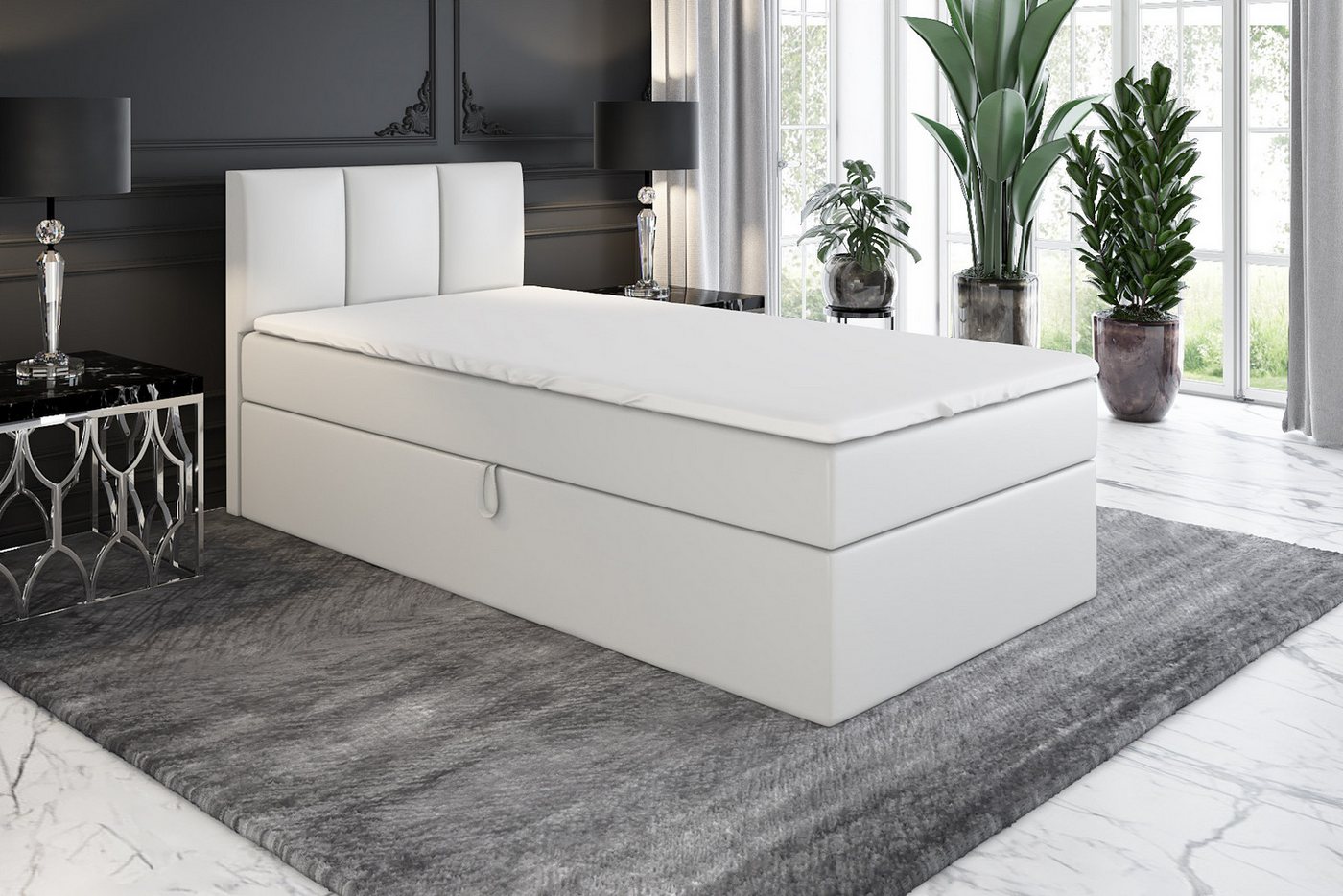 A&J MöbelLand GmbH Boxspringbett Einzelbett NASI mit Bettkasten, Topper und gepolstertem Kopfteil. (Boxspringbett mit Bettkasten und gepolstertem Kopfteil. Incl – Bild 2 von 5
