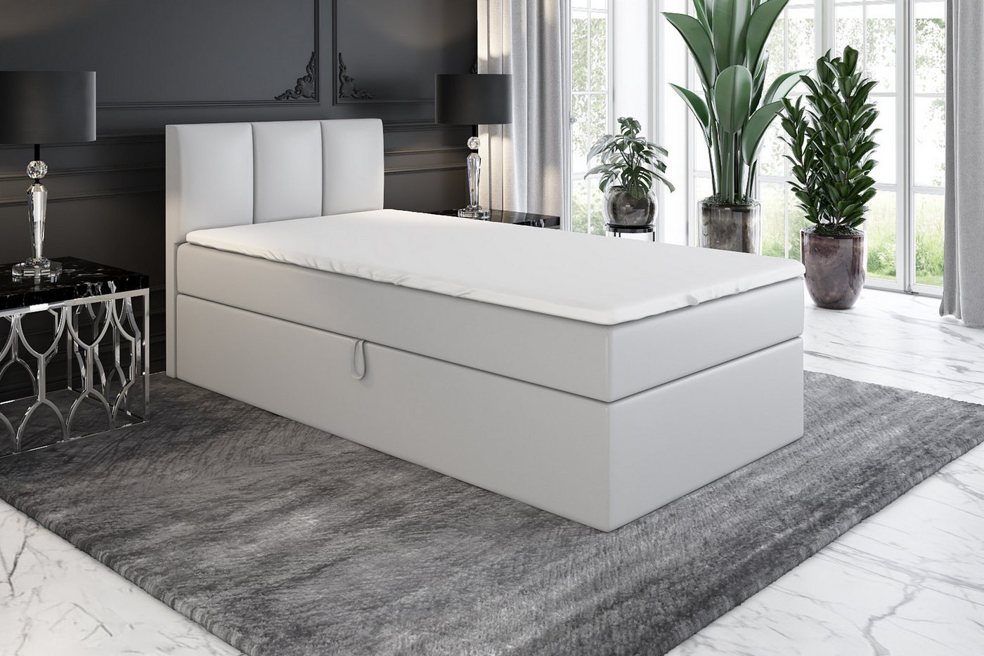 A&J MöbelLand GmbH Boxspringbett Einzelbett NASI mit Bettkasten, Topper und gepolstertem Kopfteil. (Boxspringbett mit Bettkasten und gepolstertem Kopfteil. Incl – Bild 2 von 5